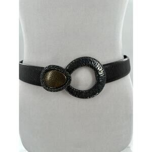 Chico's Belt Adjustable Brown Leather Hook Silver Gold Tone Big Buckle Statement